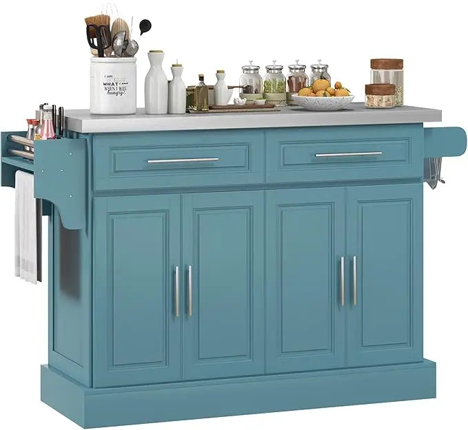 Rolling Kitchen Island Cart with Wheels, Portable Island Table for Kitchen with Stainless Steel Top, Adjustable Shelves