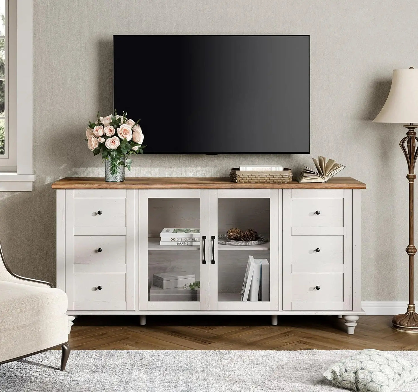 Farmhouse TV Stand for TVs up to 65 Inch Wood Console Table with Storage Cabinets And Glass Door Entertainment Customized