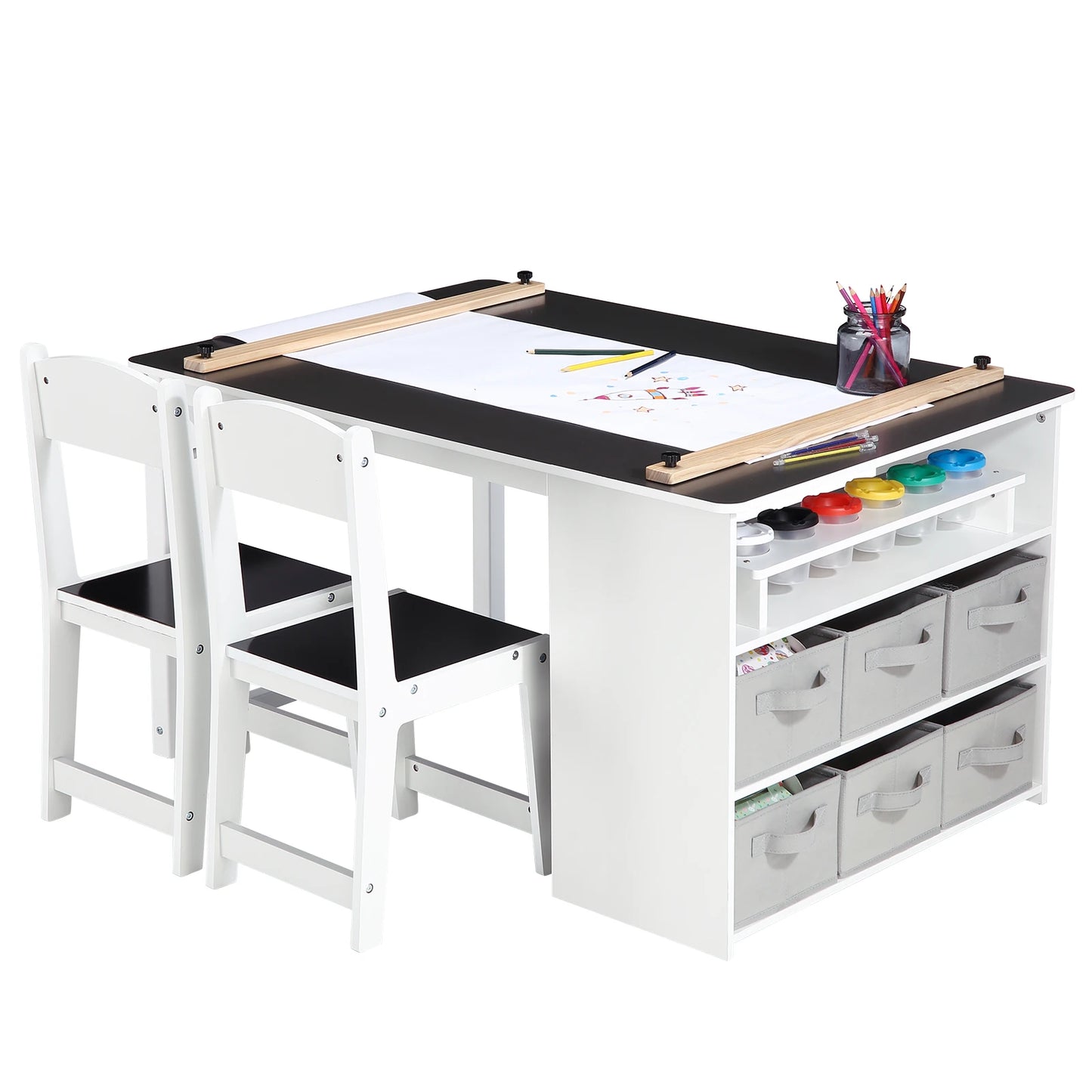 Kids Art Table and 2 Chairs,Toddler Craft and Play Wood Activity Table with Storage Bins, Drawing Desk, Study Table & Crafts for