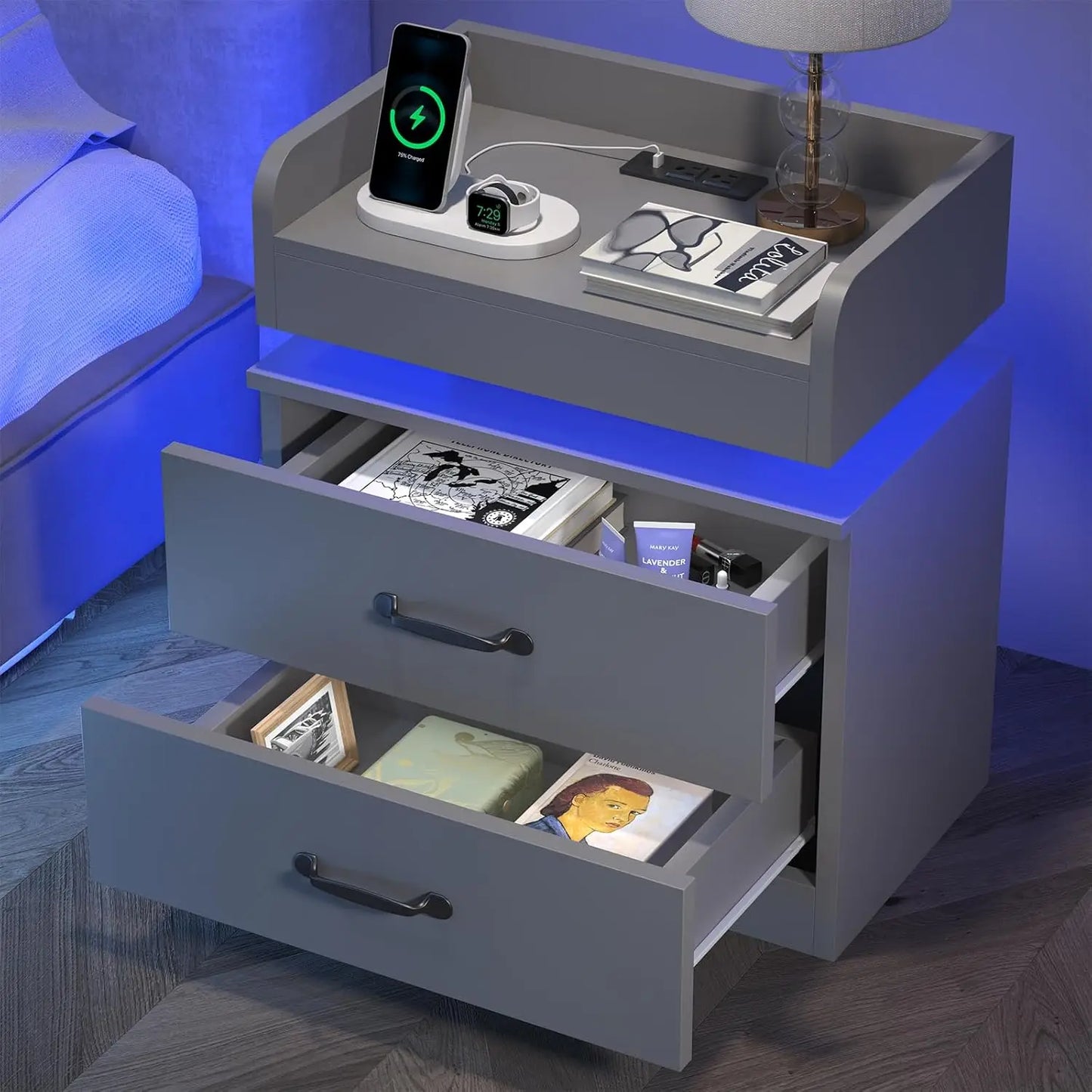 White Nightstand with Adjustable LED Lights and Charging Station Modern Bedside Table with 2 Drawers End Table for, Customized