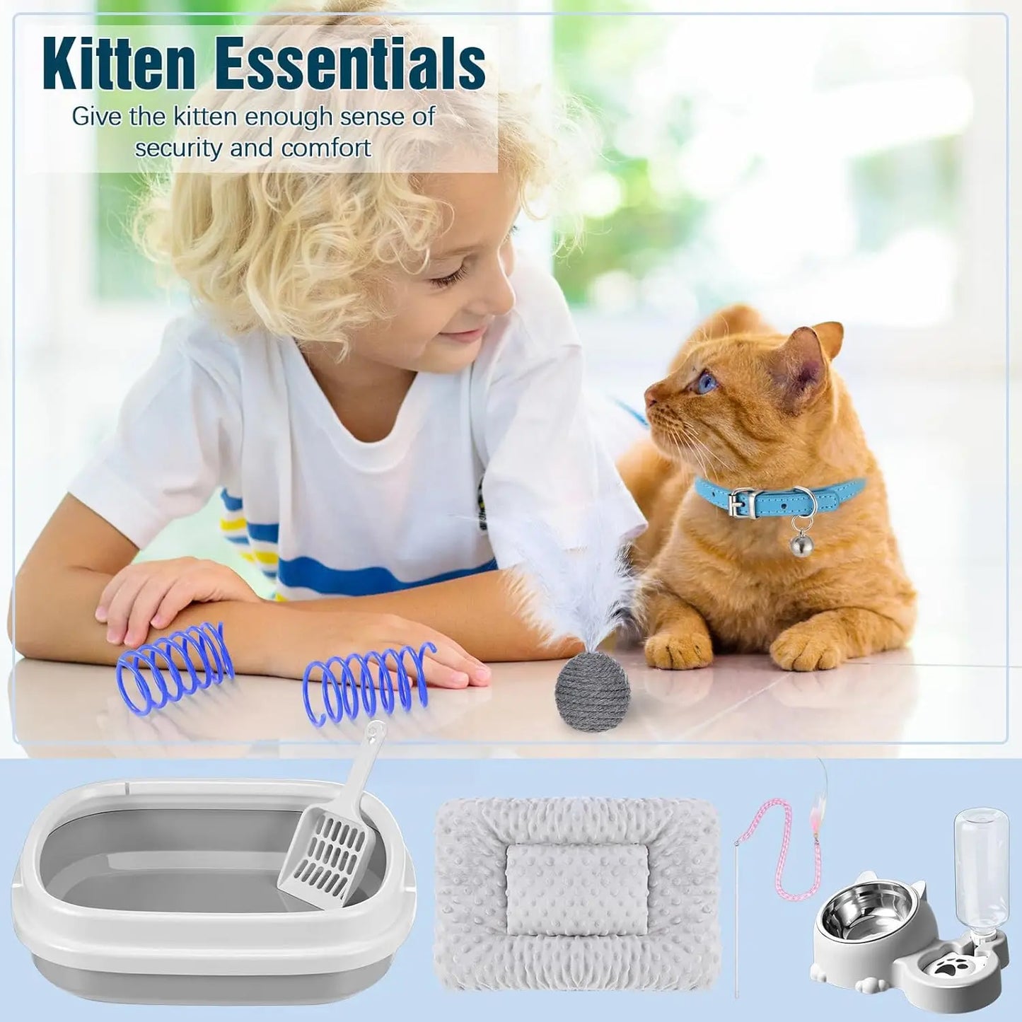 Kitten Starter Kit, 10 Pcs Cat Starter Kit for Indoor Cats Kitten Essentials Includes Litter Box, Pet Toy, Folding Carrier
