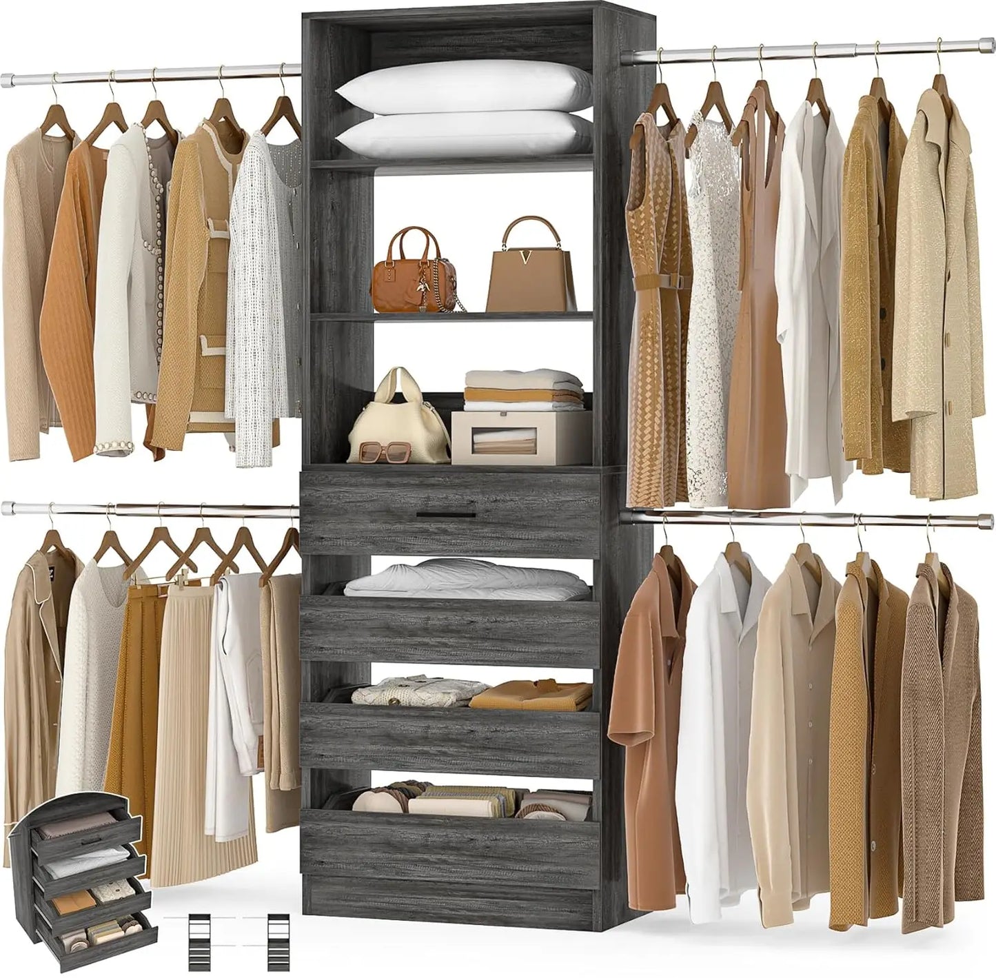 Closet System, 4-9Ft Closet Organizer with 4 Wooden Drawers, Wood Closet Organizer System with Tower, Walk-in, Customized