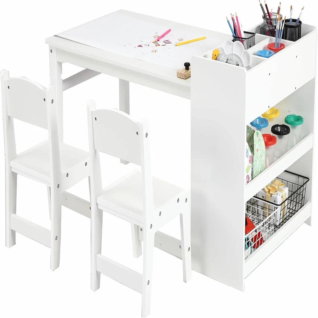 Kids Art Table with 2 Chairs, Toddler Craft Play Wood Activity Desk with Large Storage Shelves for Children's Writing Drawing