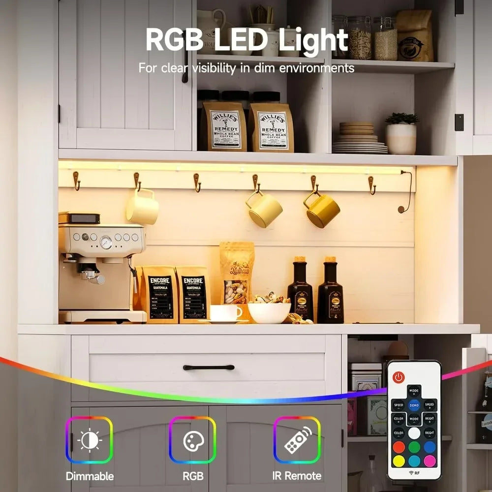 Kitchen Pantry Cabinet with LED Light And Outlet - Storage Hutch with Microwave Shelf And 6 Hooks for Kitchen Customized