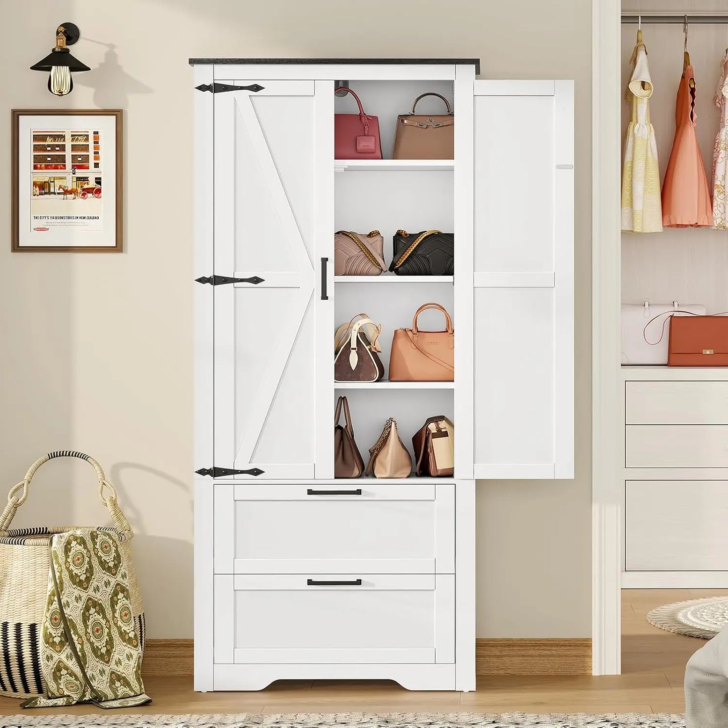 66.2" H Storage Cabinet with 2 Drawers, Farmhouse Kitchen Pantry Cabinet