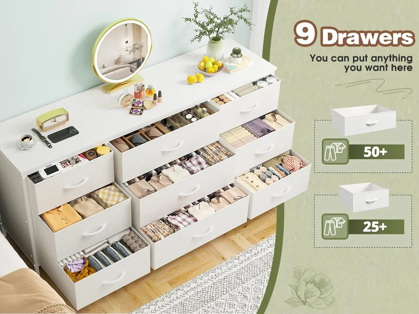 Dresser for Bedroom, 9 Drawers Dresser TV Stand for 55, 60 Inch TV, Large Entertainment Center, Wide Chest of, Customized