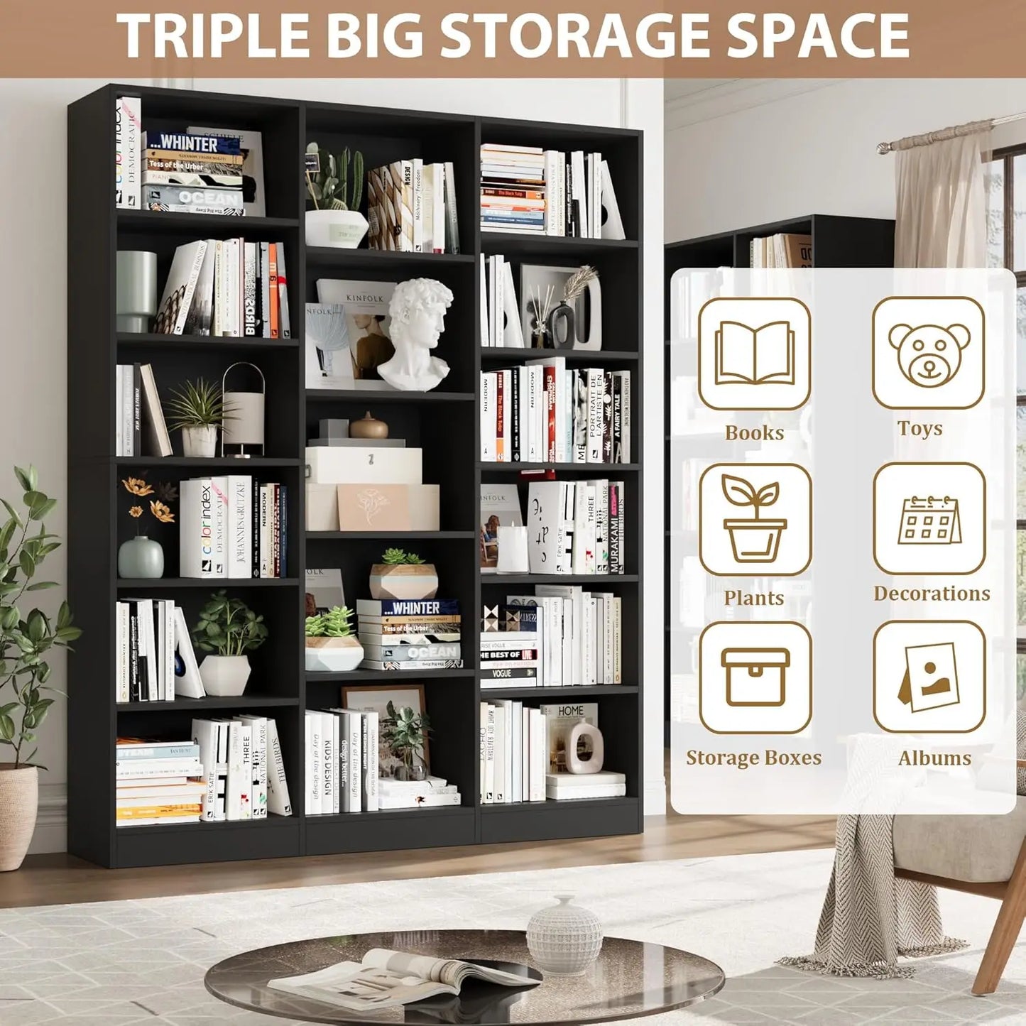 Triple Wide Bookshelf, 6 Tier Large Bookshelf, Bookcase with 17 Open Display Shelves, 74'' Tall Bookcases and, Customized