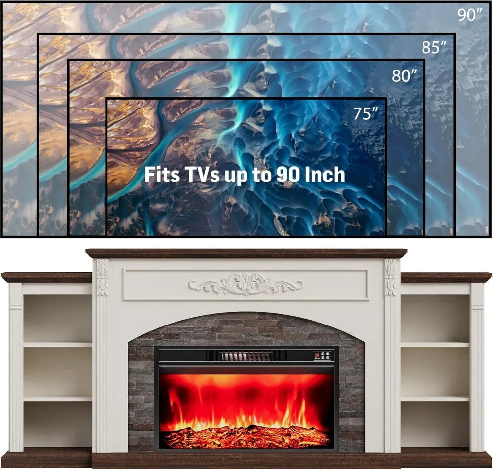 80" Electric Fireplace TV Stand with Mantel, Realistic Stone Surround, 1400W Heater for Rooms Up to 400 Sq Ft