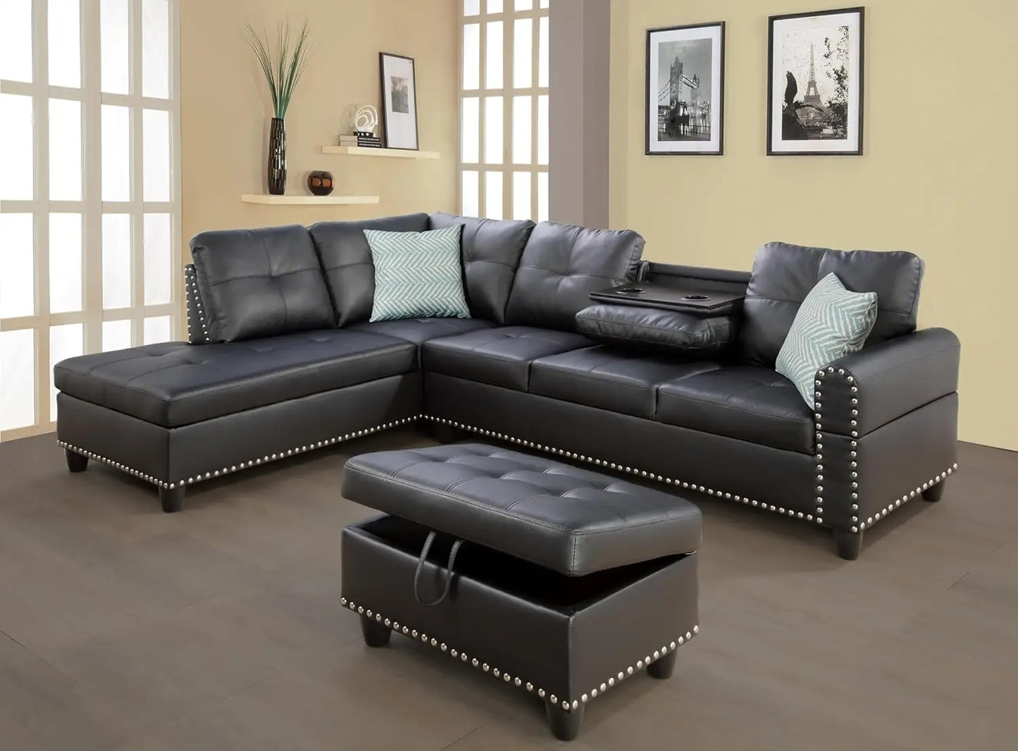 Sectional Sofa Couch, Modern 4-Seaters Living Room Furniture Sets with Chaise Lounge, Ottoman & 2 Pillows, Black