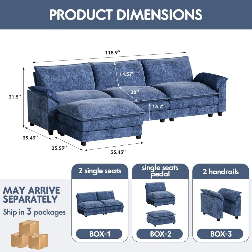 119 Modular Sectional Sofa, L Shaped Sofa Couch with Reversible Ottoman, DIY Combination Chenille Deep 3-Seat Cloud Couch