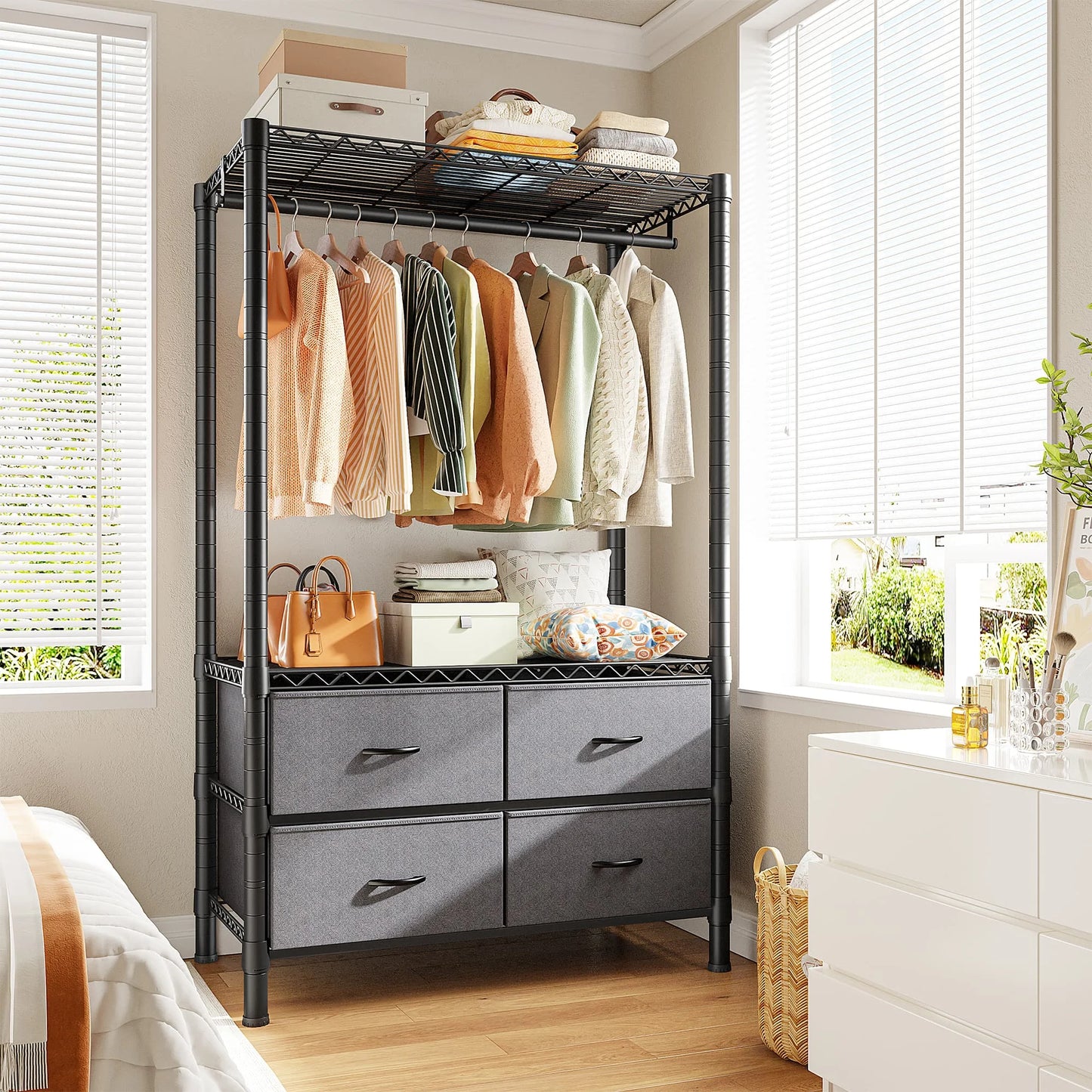 EnHomee Heavy Duty Portable Garment Rack – 4 Drawers & Shelves, Sturdy & Durable – Clothing Hanger for Hanging Clothes