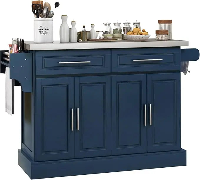 Rolling Kitchen Island Cart with Wheels, Portable Island Table for Kitchen with Stainless Steel Top, Adjustable Shelves