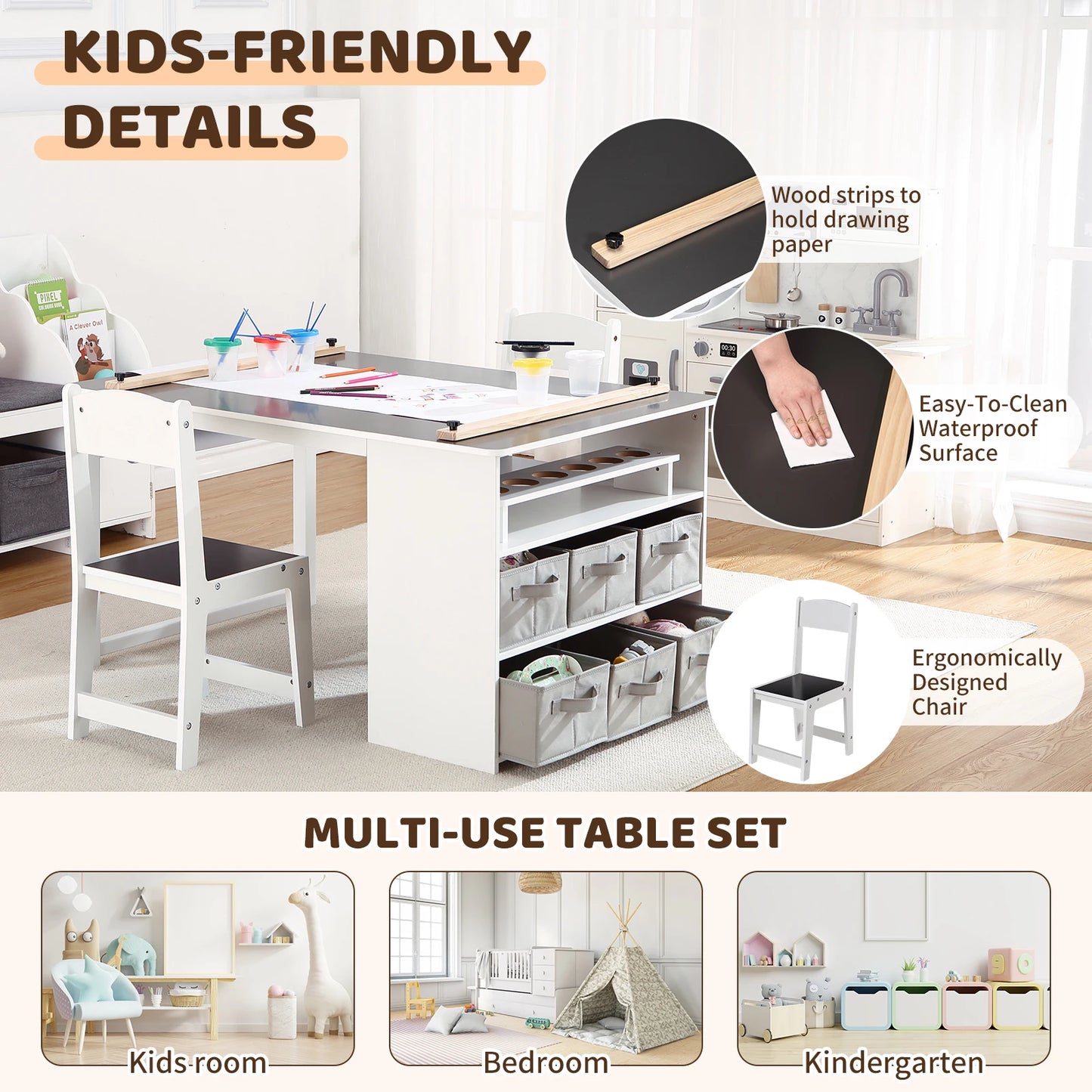 Kids Art Table and 2 Chairs,Toddler Craft and Play Wood Activity Table with Storage Bins, Drawing Desk, Study Table & Crafts for