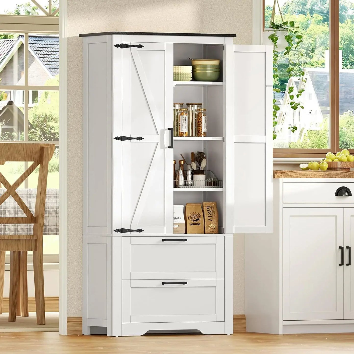 66.2" H Storage Cabinet with 2 Drawers, Farmhouse Kitchen Pantry Cabinet