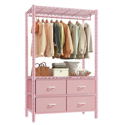 EnHomee Heavy Duty Portable Garment Rack – 4 Drawers & Shelves, Sturdy & Durable – Clothing Hanger for Hanging Clothes