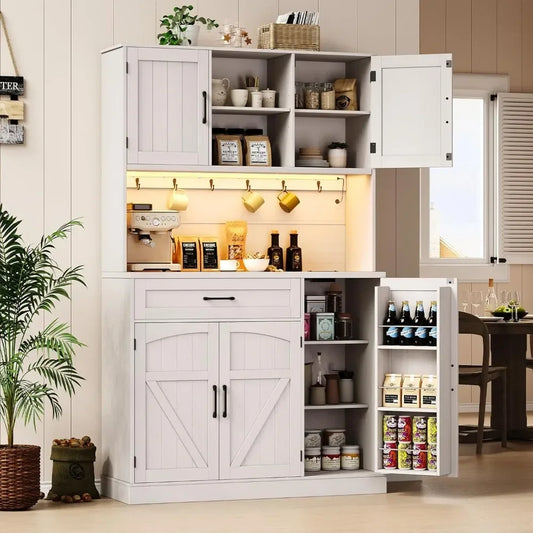 Kitchen Pantry Cabinet with LED Light And Outlet - Storage Hutch with Microwave Shelf And 6 Hooks for Kitchen Customized