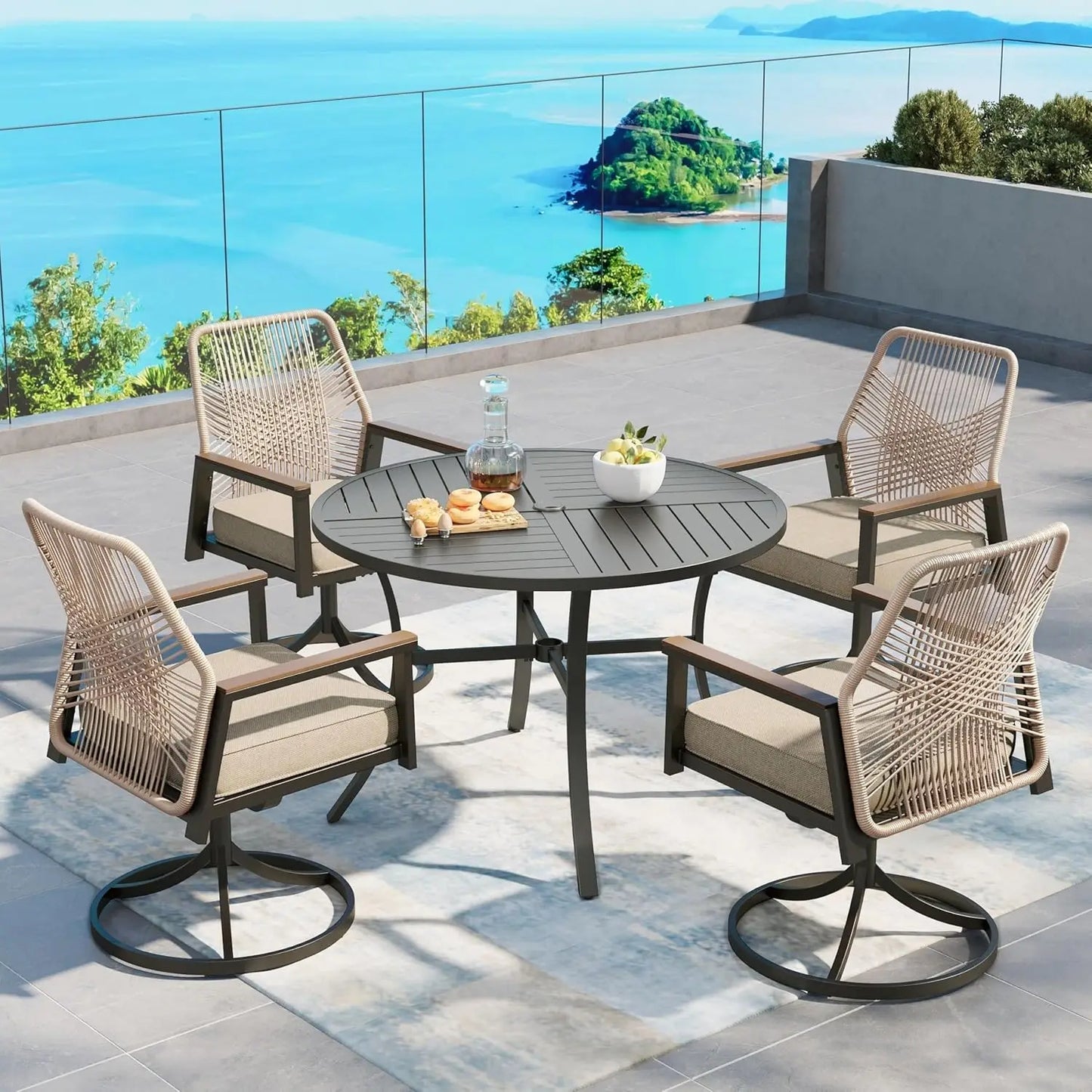 5 Pieces Patio Dining Set, 4 x Woven Rattan Chairs with Waterproof Cushion, 42” Metal Round Dining Table with, Customized