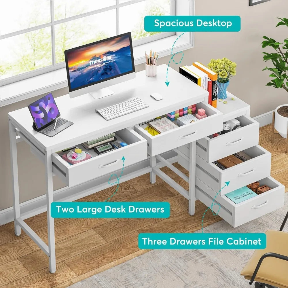 Computer Desk with 5 Drawers, Home Office Desks with Reversible Drawer Cabinet Printer Stand, Industrial PC Desk with Storage