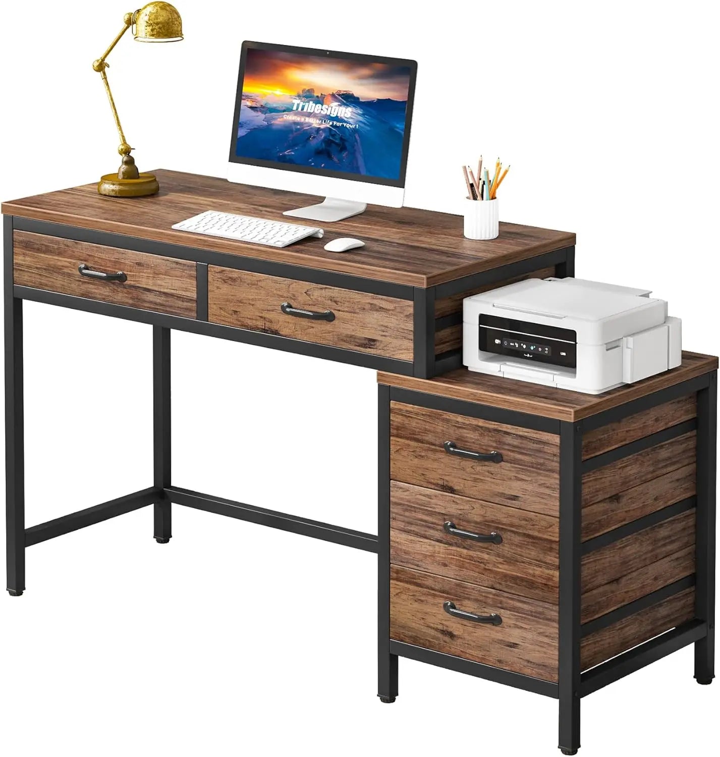 Computer Desk with 5 Drawers, Home Office Desks with Reversible Drawer Cabinet Printer Stand, Industrial PC Desk with Storage