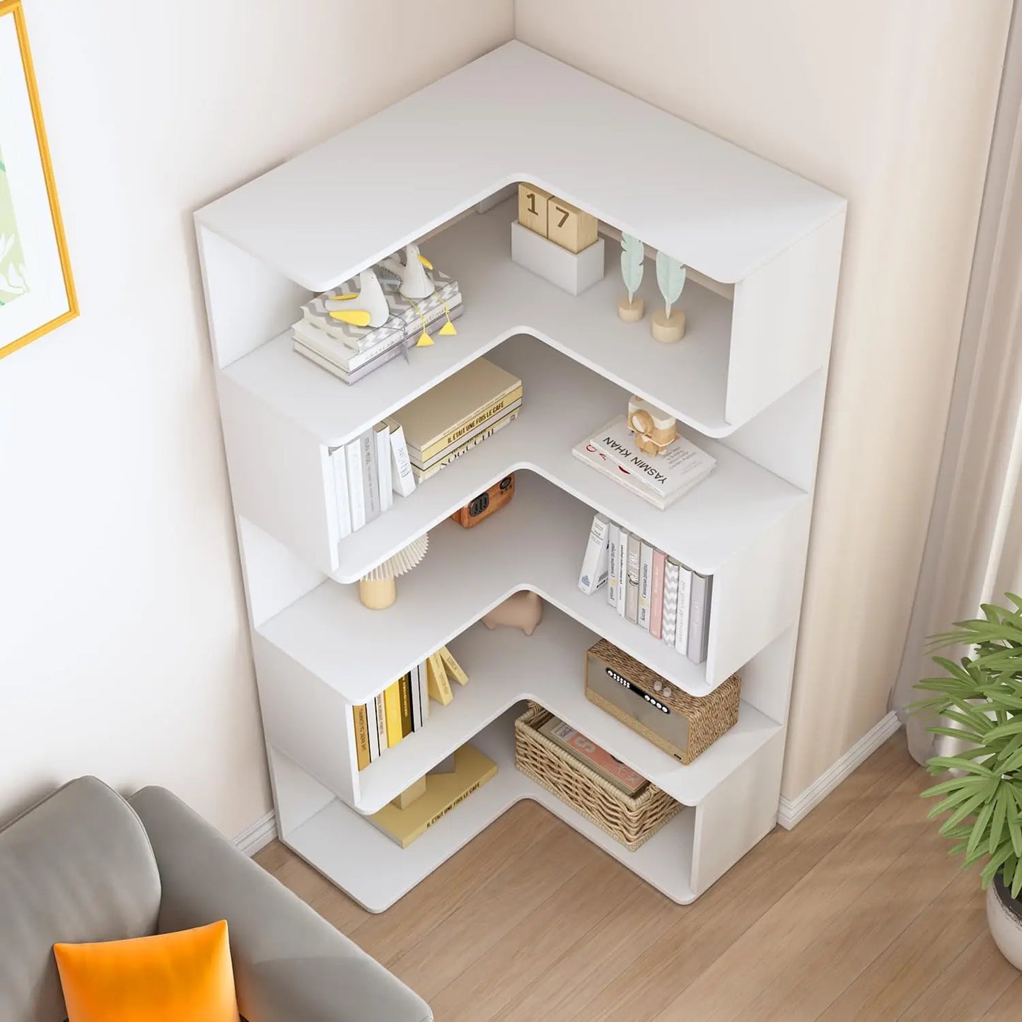 6-Tier L-Shaped Corner Bookshelf - 66" Tall Wooden Freestanding Bookcase with Open Shelf Units, White