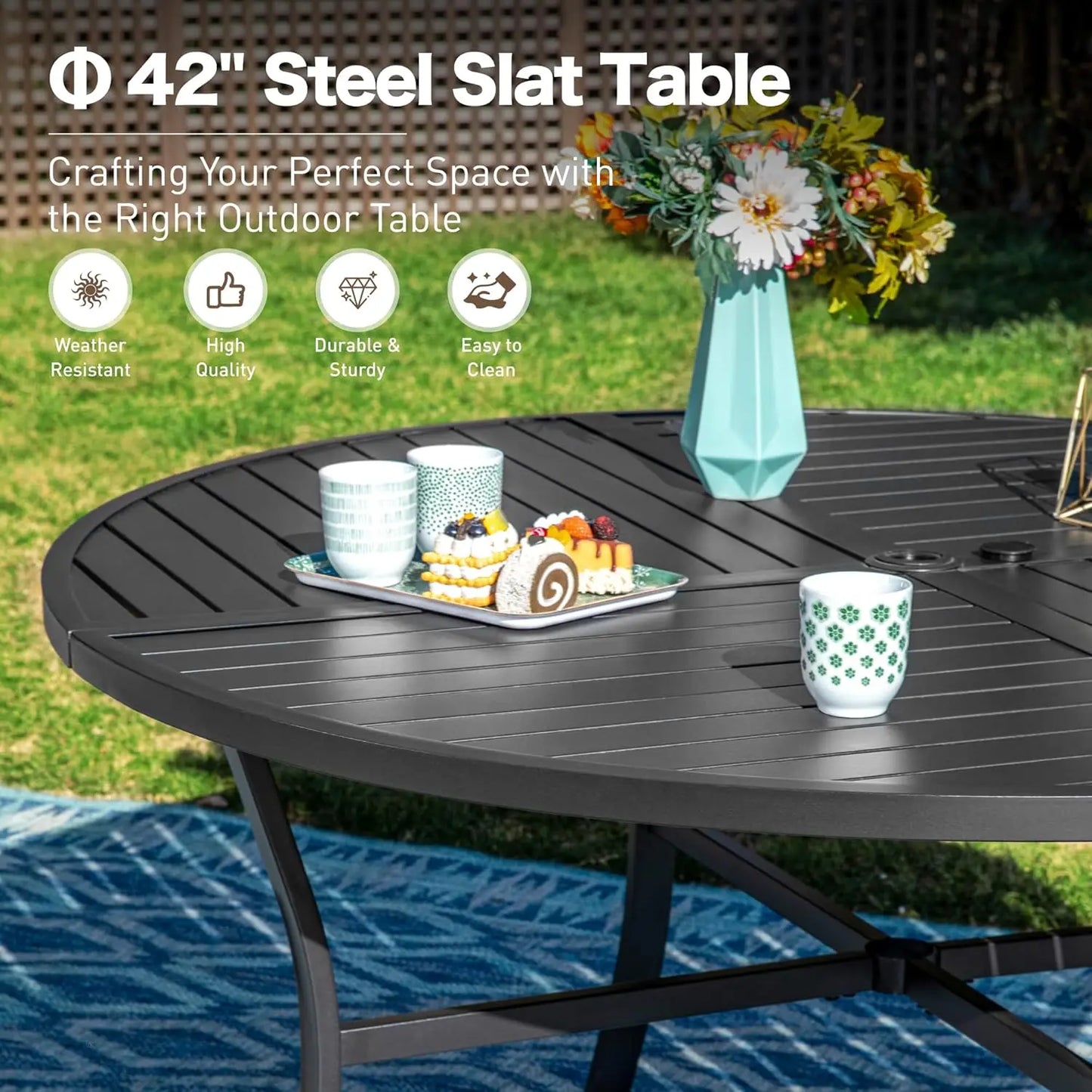 5 Pieces Patio Dining Set, 4 x Woven Rattan Chairs with Waterproof Cushion, 42” Metal Round Dining Table with, Customized