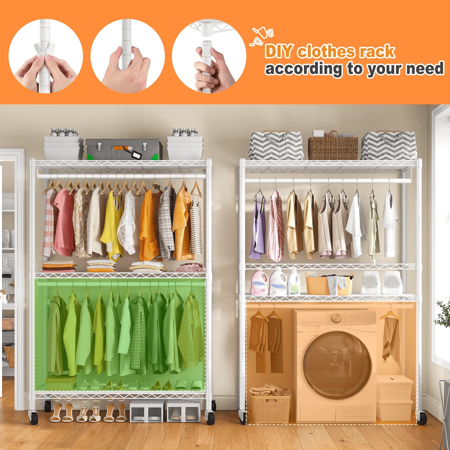 EnHomee 45"W Heavy Duty Garment Rack with Cover – Double Rod, Adjustable Shelves & Casters, 440 LBS – Portable Closet for Hanging Clothes