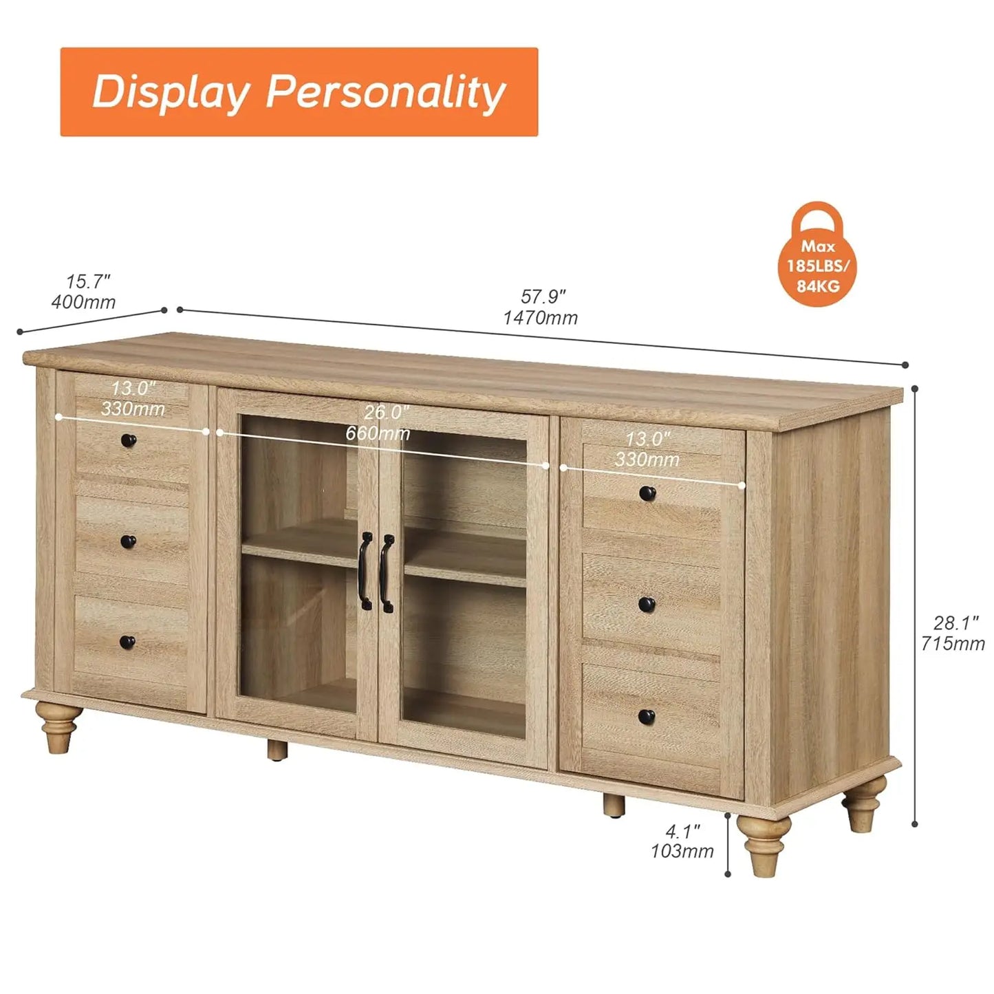 Farmhouse TV Stand for TVs up to 65 Inch Wood Console Table with Storage Cabinets And Glass Door Entertainment Customized