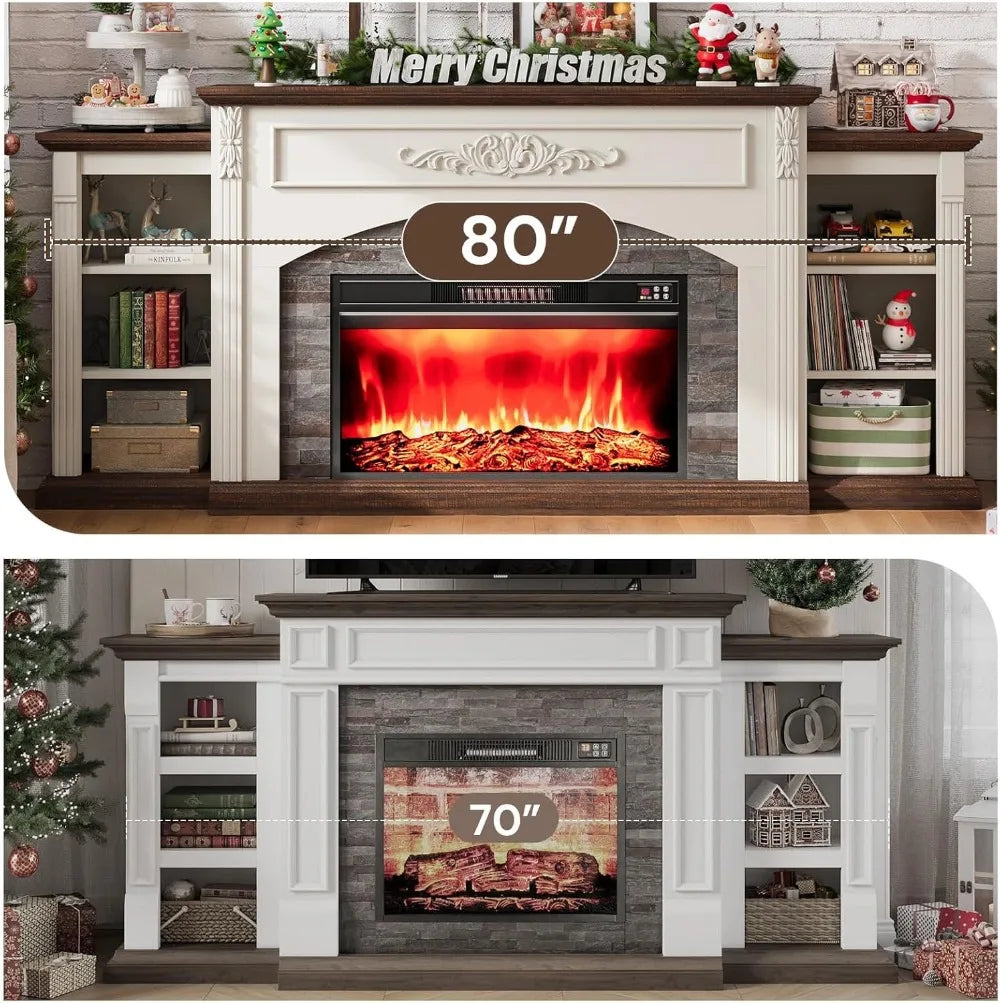 80" Electric Fireplace TV Stand with Mantel, Realistic Stone Surround, 1400W Heater for Rooms Up to 400 Sq Ft