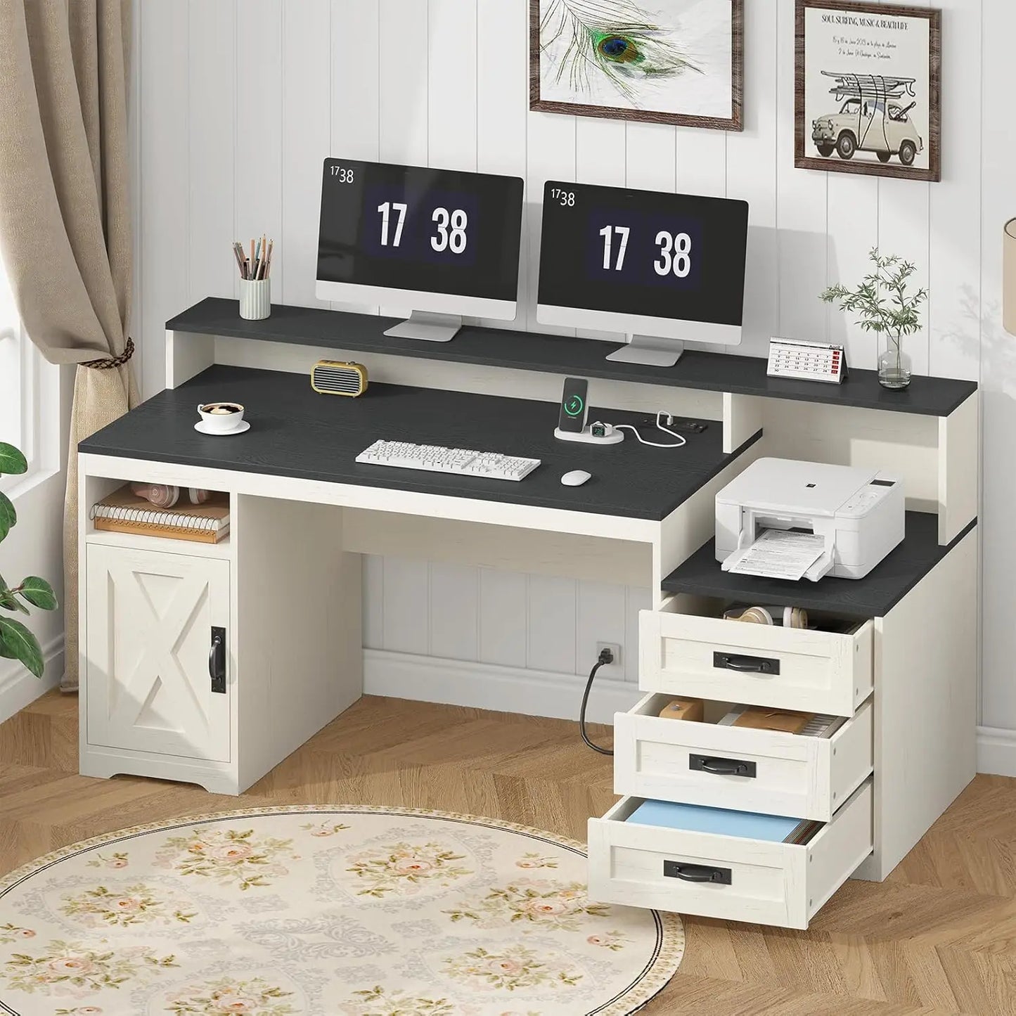 Farmhouse Computer Desk with Drawers, 65'' Home Office Desk with Power Outlets, Storage Cabinet and Printer Stand, Customized