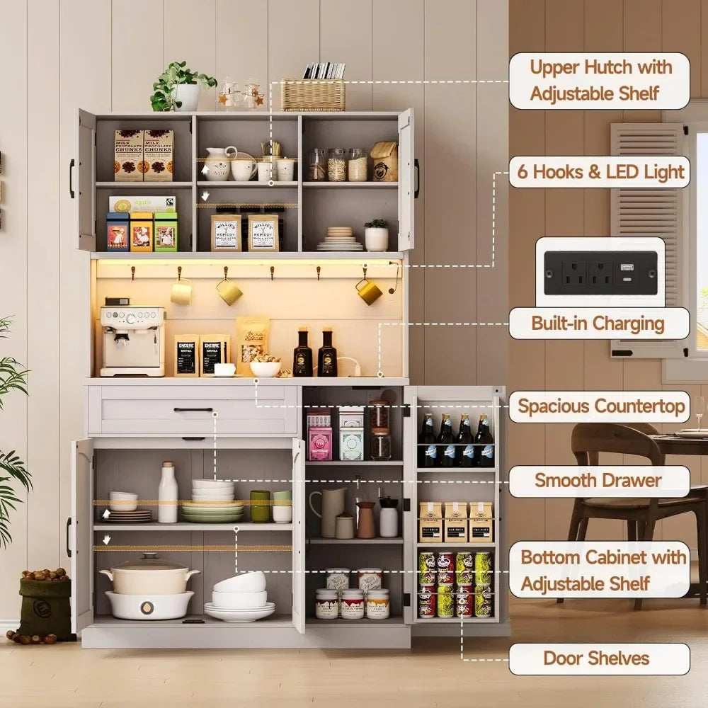Kitchen Pantry Cabinet with LED Light And Outlet - Storage Hutch with Microwave Shelf And 6 Hooks for Kitchen Customized