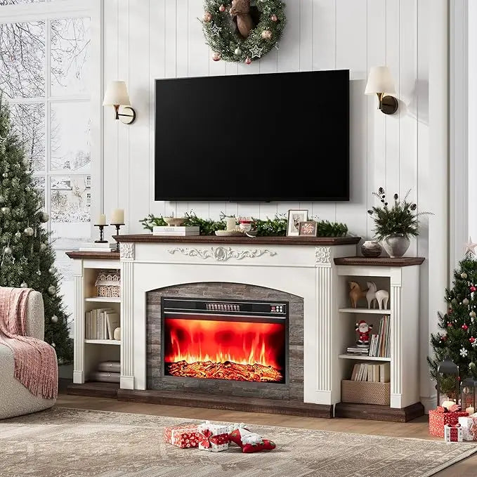 80" Electric Fireplace TV Stand with Mantel, Realistic Stone Surround, 1400W Heater for Rooms Up to 400 Sq Ft