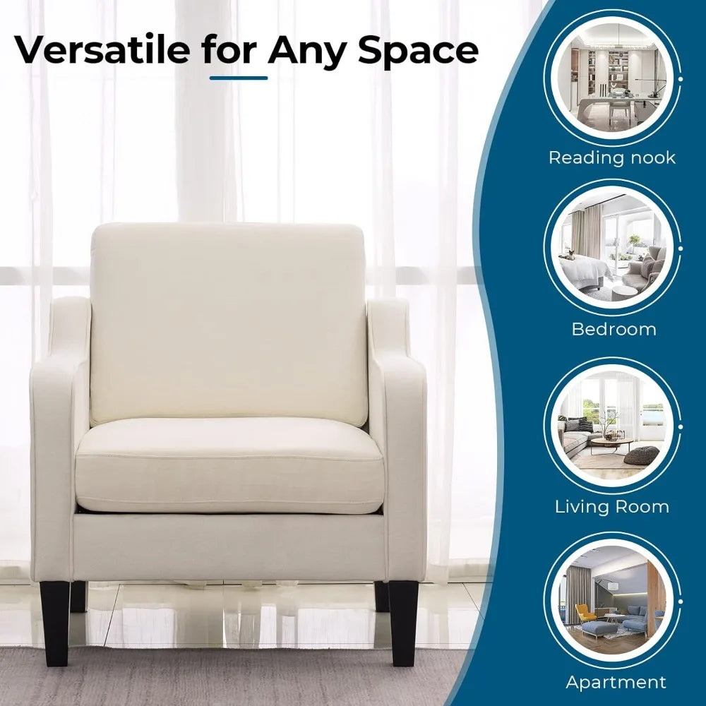 Mid Century Modern Accent Chair, Beige Fabric Accent Chairs for Living Room Upholstered Armchair Sofa with Scooped Arms