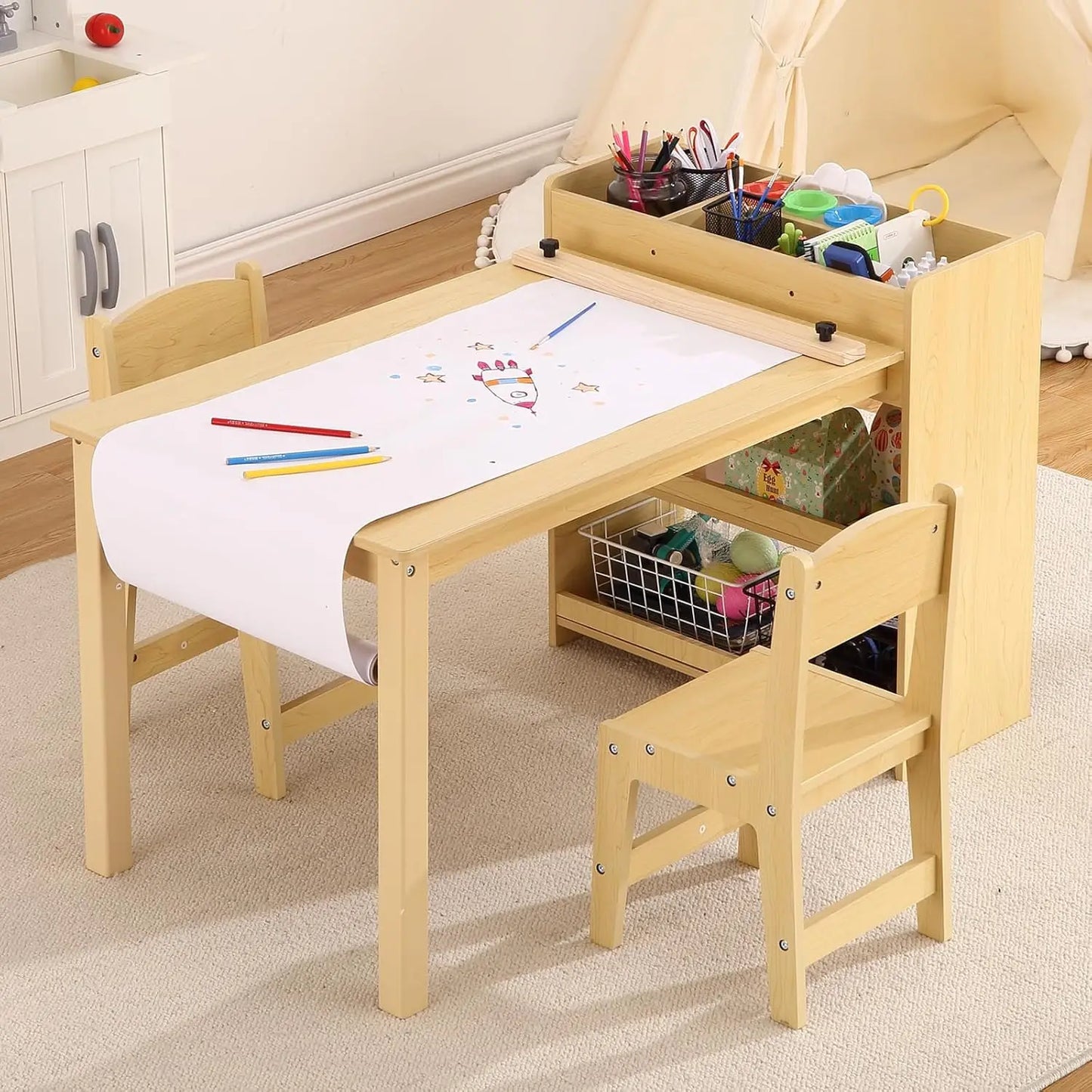 Kids Art Table with 2 Chairs, Toddler Craft Play Wood Activity Desk with Large Storage Shelves for Children's Writing Drawing