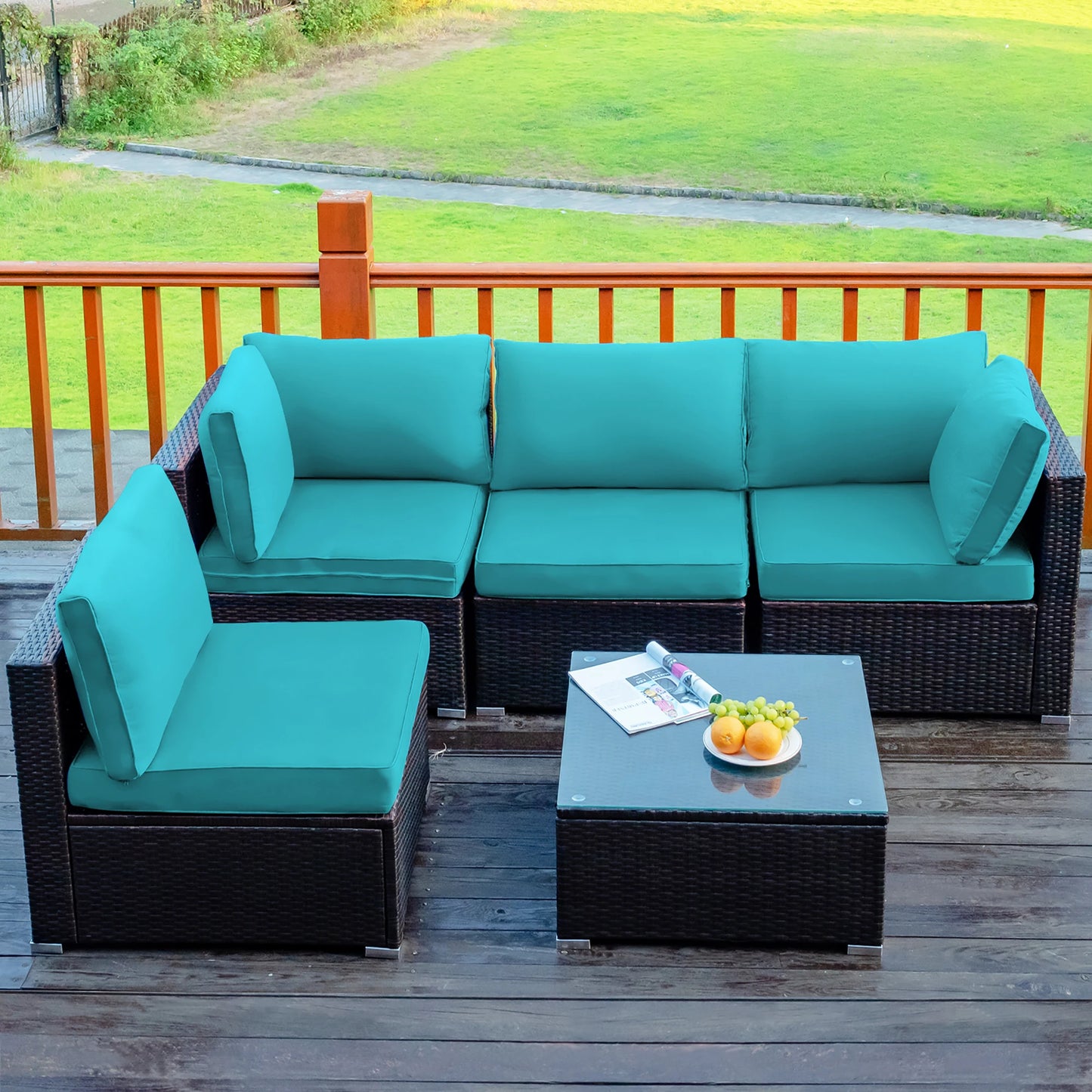 5PCS Patio Rattan Furniture Set Cushioned Sofa Chair TeaTableTurquoise