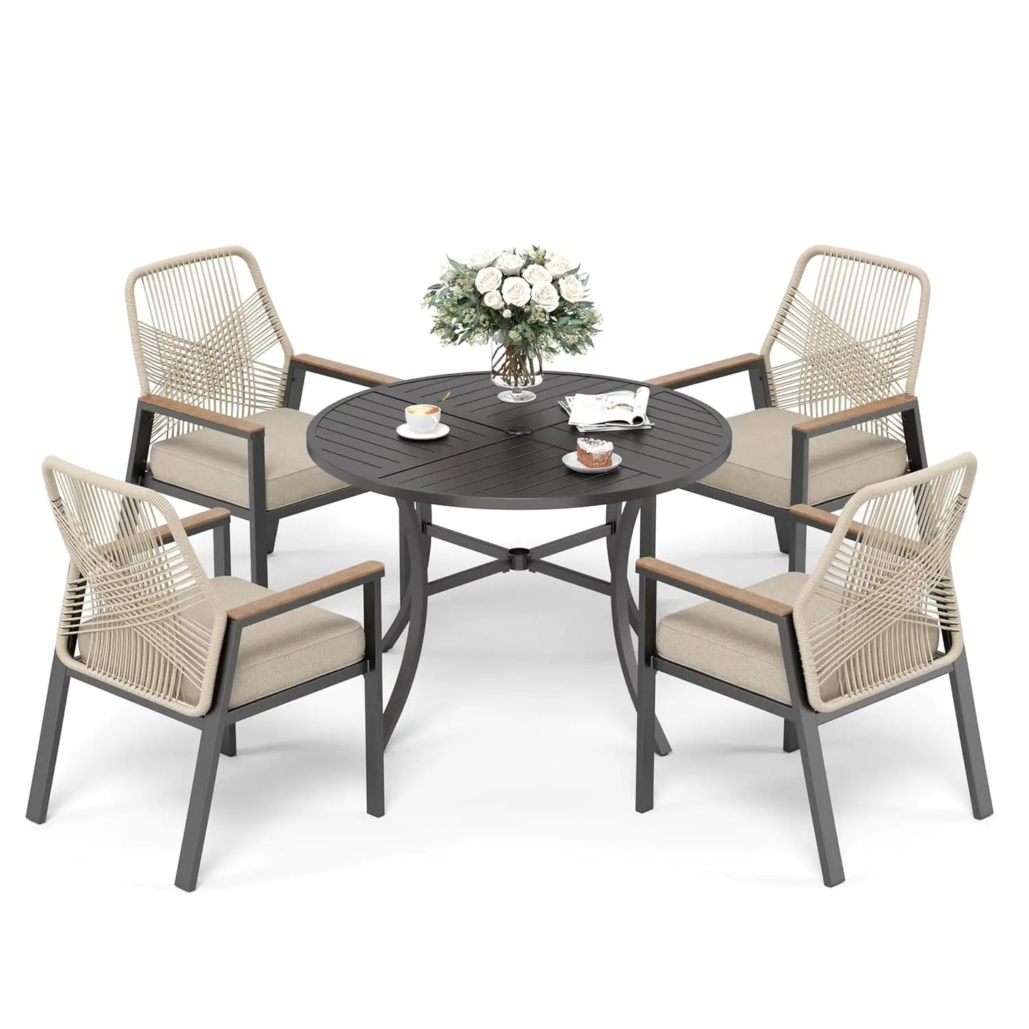 5 Pieces Patio Dining Set, 4 x Woven Rattan Chairs with Waterproof Cushion, 42” Metal Round Dining Table with, Customized