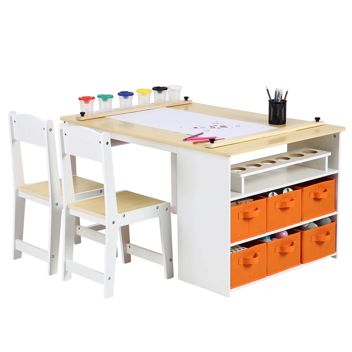 Kids Art Table and 2 Chairs,Toddler Craft and Play Wood Activity Table with Storage Bins, Drawing Desk, Study Table & Crafts for