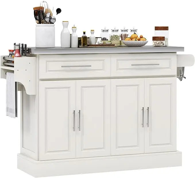 Rolling Kitchen Island Cart with Wheels, Portable Island Table for Kitchen with Stainless Steel Top, Adjustable Shelves