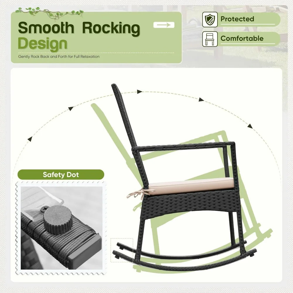 Flamaker Rocking Chair Outdoor PE Rattan Patio Chairs Glass Table High Back Porch Rocker for Balcony Garden Backyard (Beige)