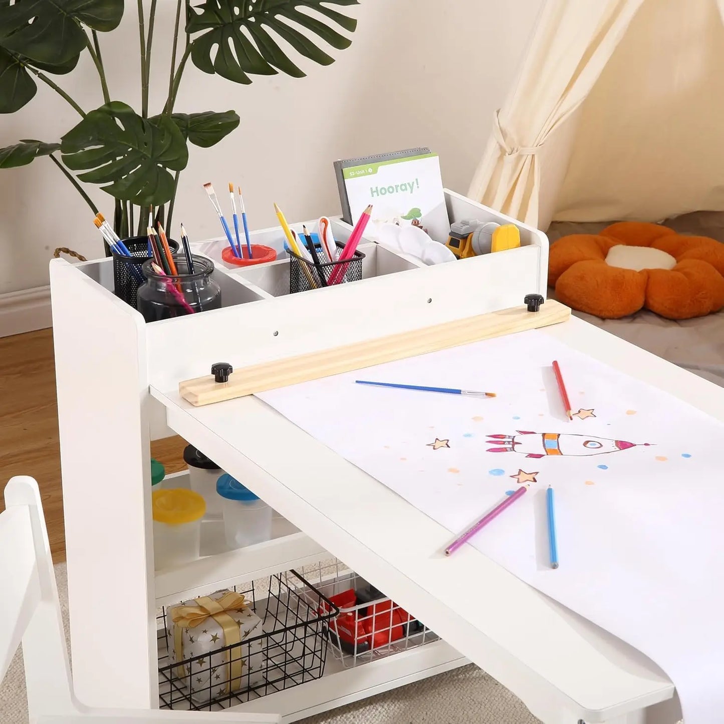 Kids Art Table with 2 Chairs, Toddler Craft Play Wood Activity Desk with Large Storage Shelves for Children's Writing Drawing