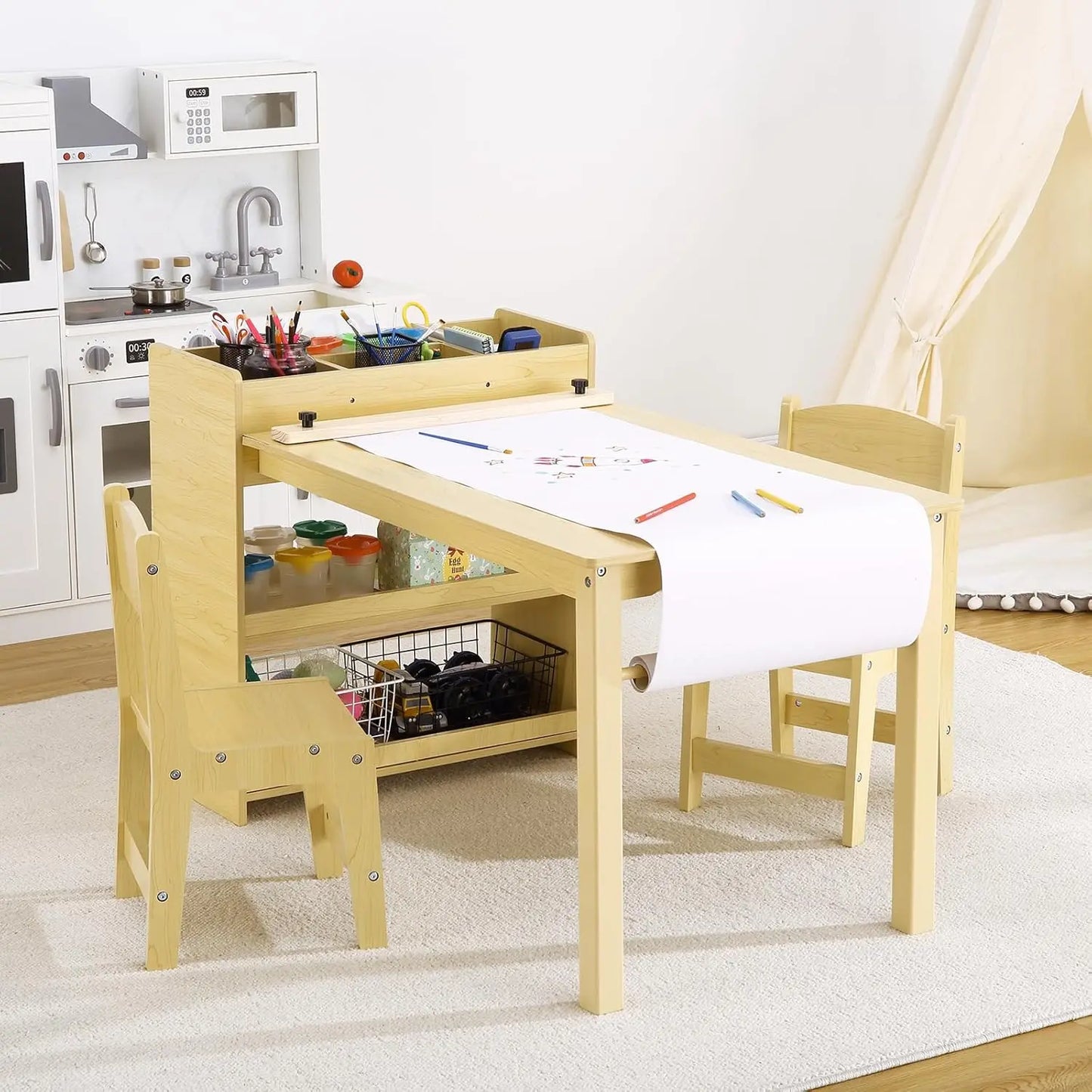 Kids Art Table with 2 Chairs, Toddler Craft Play Wood Activity Desk with Large Storage Shelves for Children's Writing Drawing