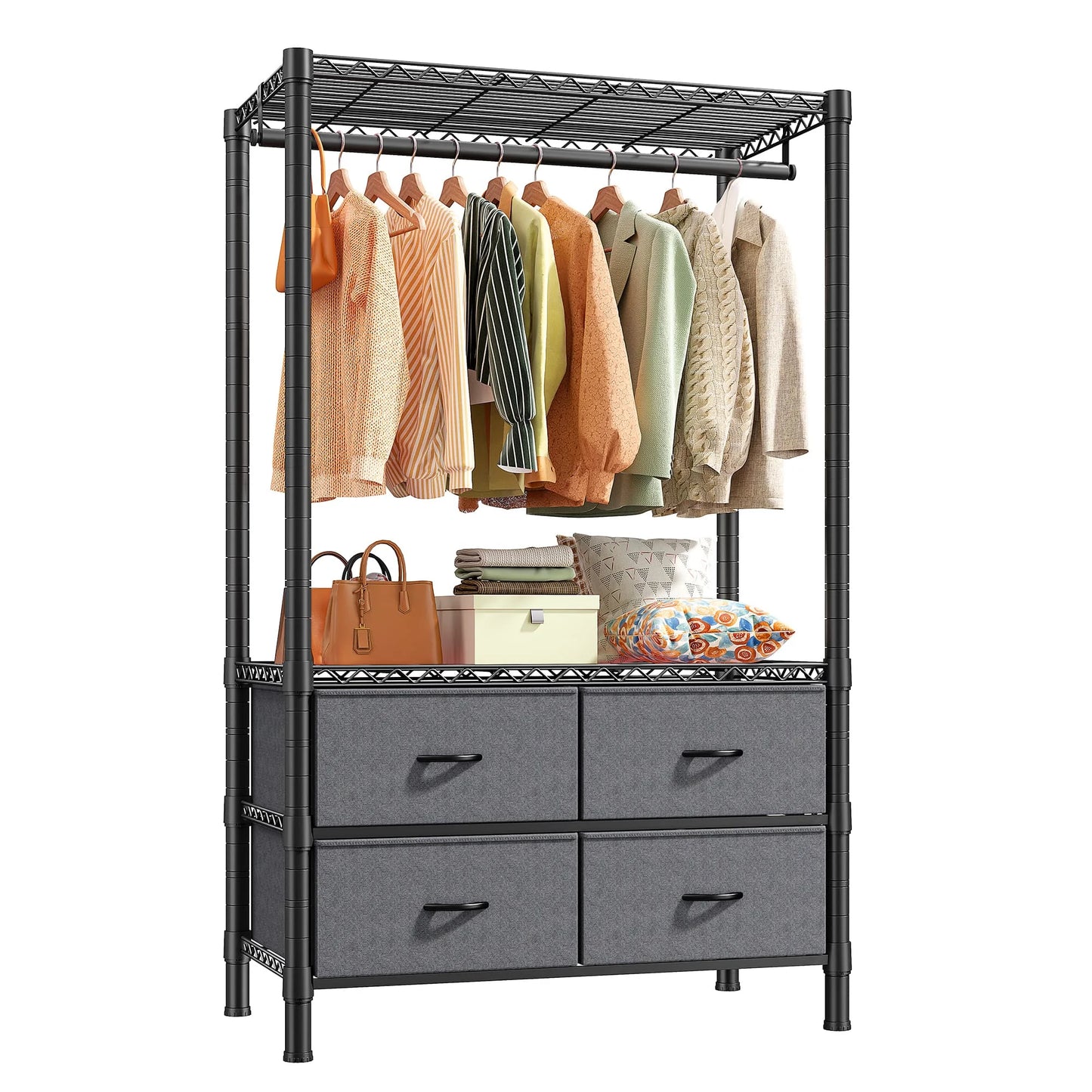 EnHomee Heavy Duty Portable Garment Rack – 4 Drawers & Shelves, Sturdy & Durable – Clothing Hanger for Hanging Clothes