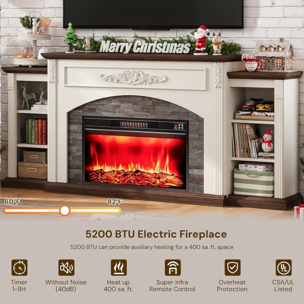 80" Electric Fireplace TV Stand with Mantel, Realistic Stone Surround, 1400W Heater for Rooms Up to 400 Sq Ft
