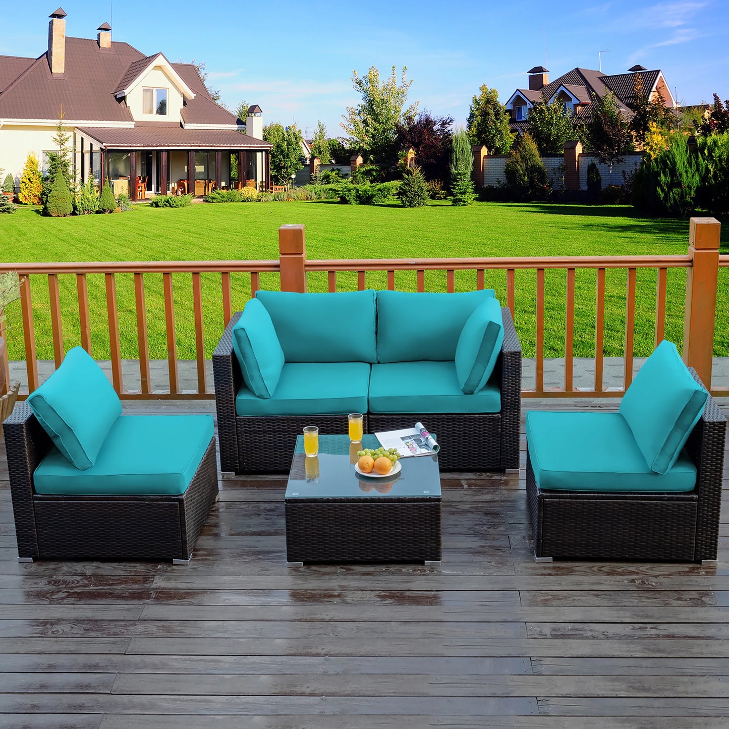 5PCS Patio Rattan Furniture Set Cushioned Sofa Chair TeaTableTurquoise