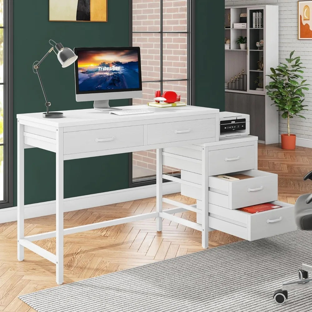 Computer Desk with 5 Drawers, Home Office Desks with Reversible Drawer Cabinet Printer Stand, Industrial PC Desk with Storage