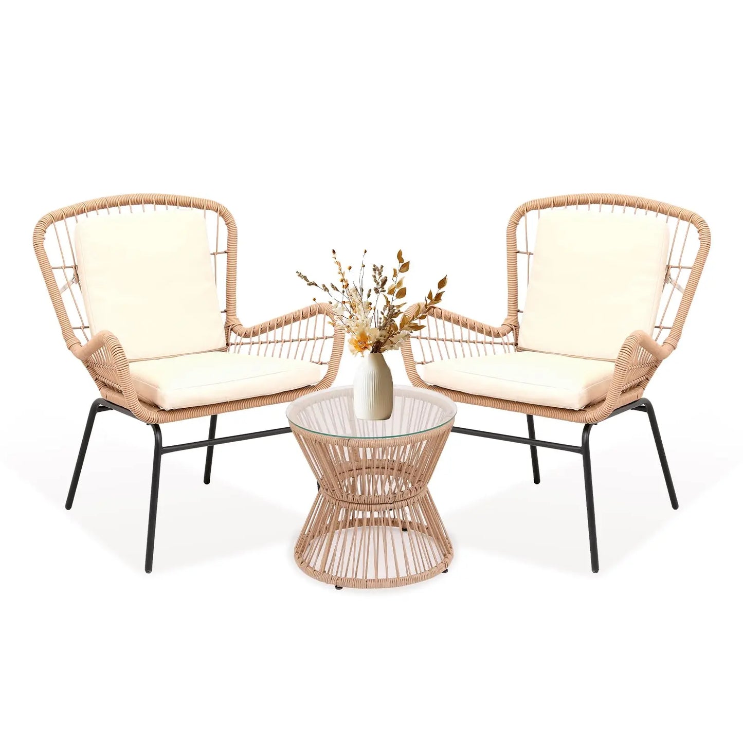Boho 3PCS Patio Furniture Set, Outdoor PE Rattan Bistro Set With 2 Wide Cushioned Chairs & Glass Table For Deck Porch Poolside