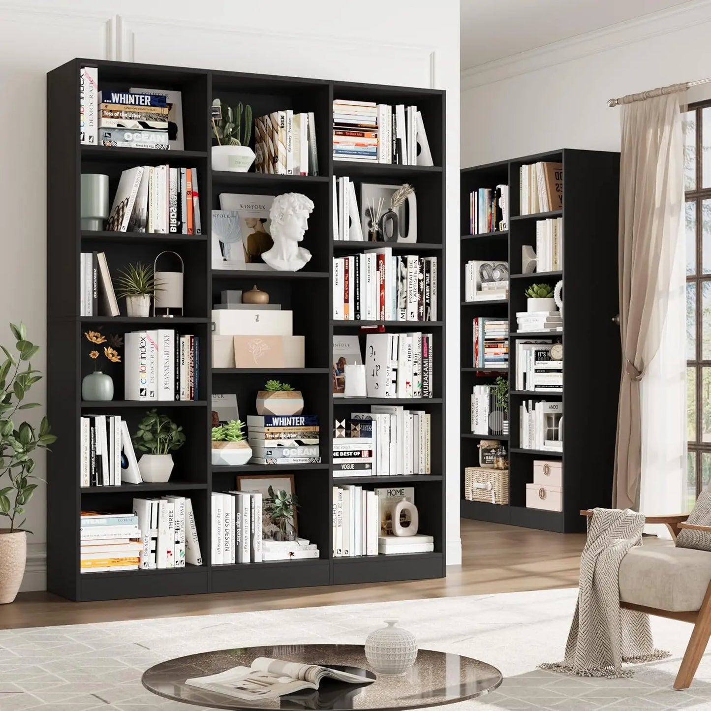 Triple Wide Bookshelf, 6 Tier Large Bookshelf, Bookcase with 17 Open Display Shelves, 74'' Tall Bookcases and, Customized