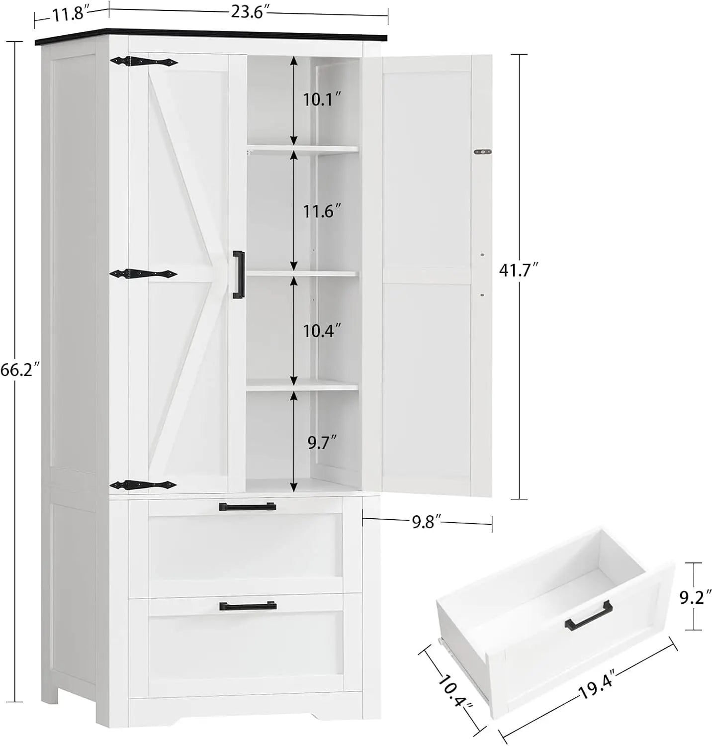 66.2" H Storage Cabinet with 2 Drawers, Farmhouse Kitchen Pantry Cabinet