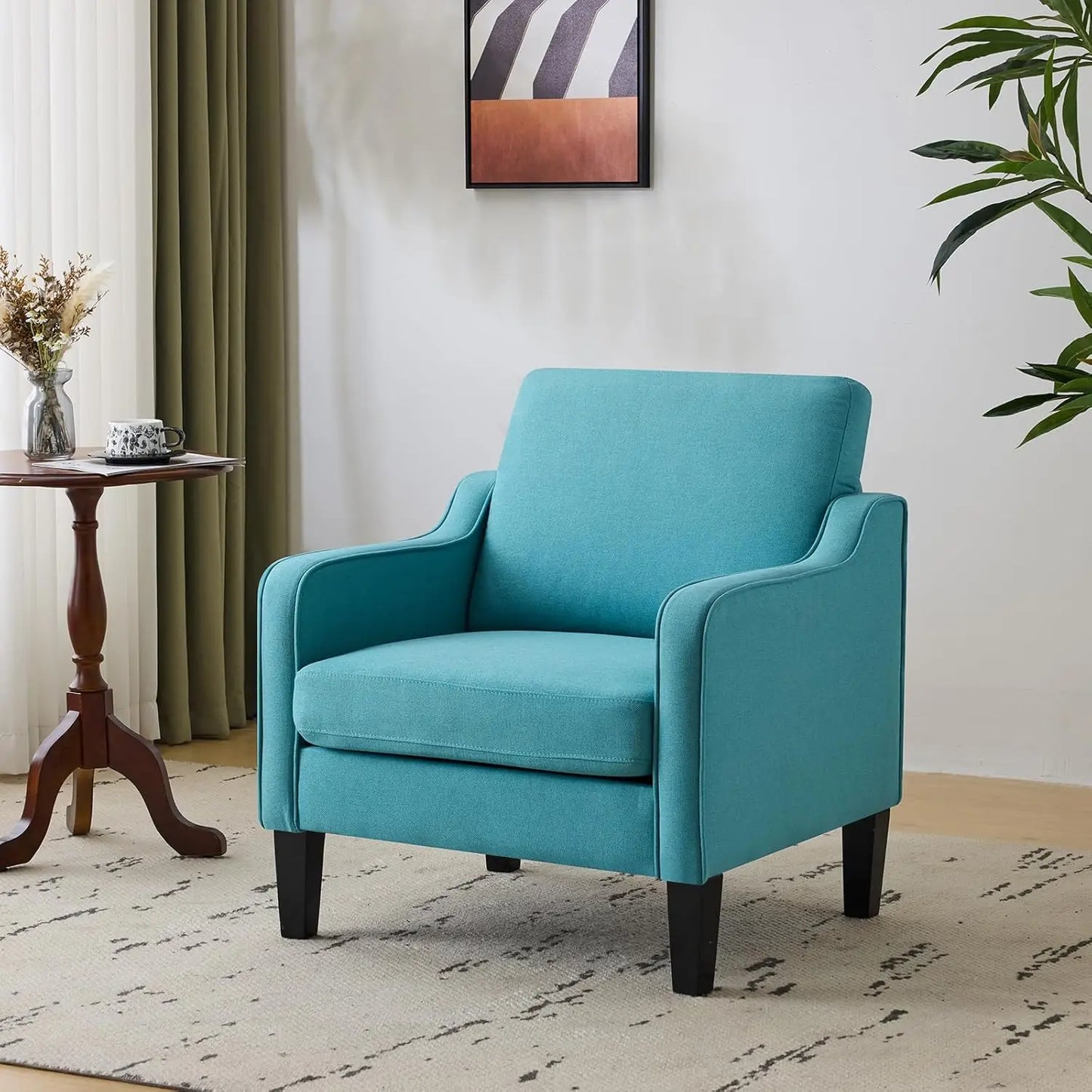 Mid Century Modern Accent Chair, Beige Fabric Accent Chairs for Living Room Upholstered Armchair Sofa with Scooped Arms