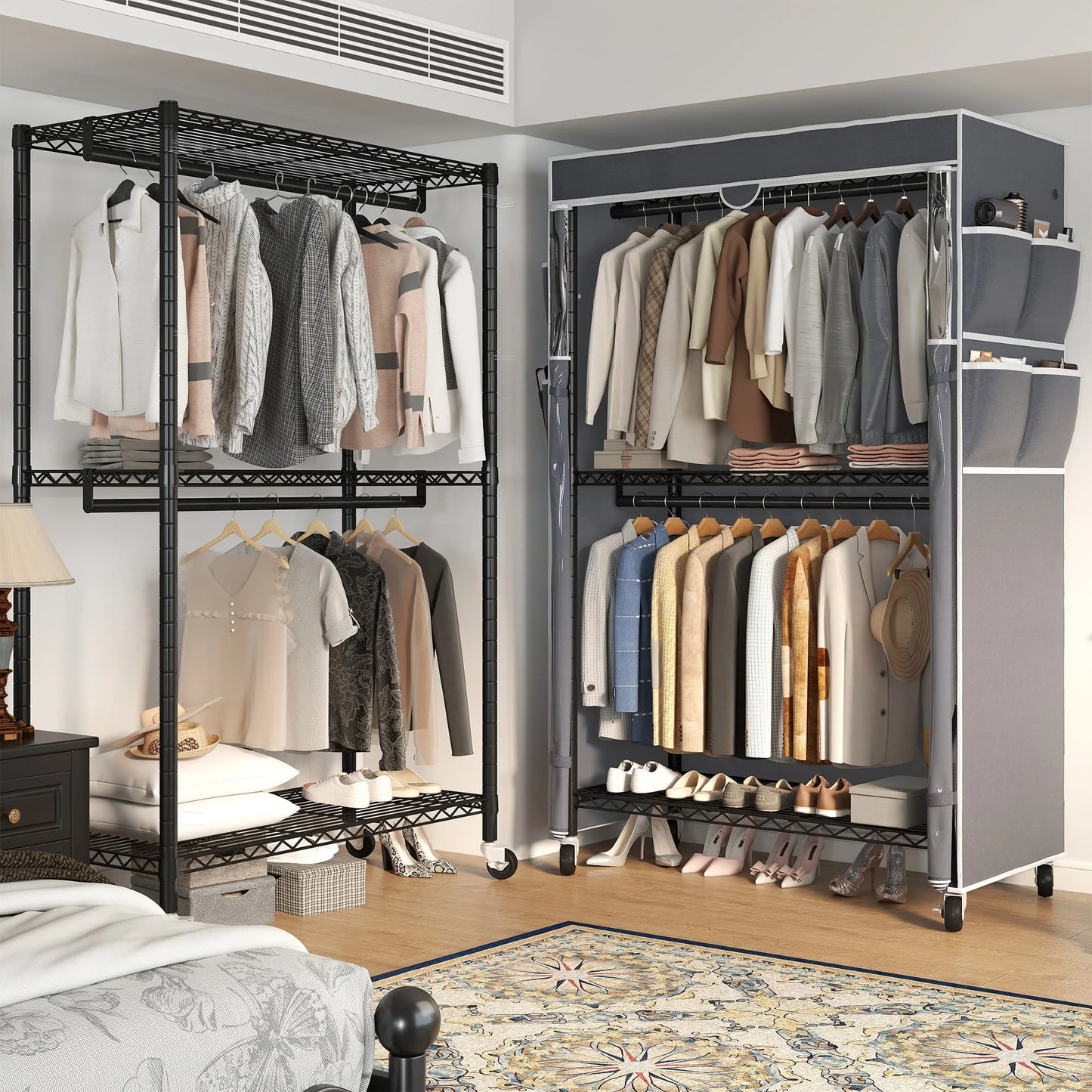 EnHomee 45"W Heavy Duty Garment Rack with Cover – Double Rod, Adjustable Shelves & Casters, 440 LBS – Portable Closet for Hanging Clothes