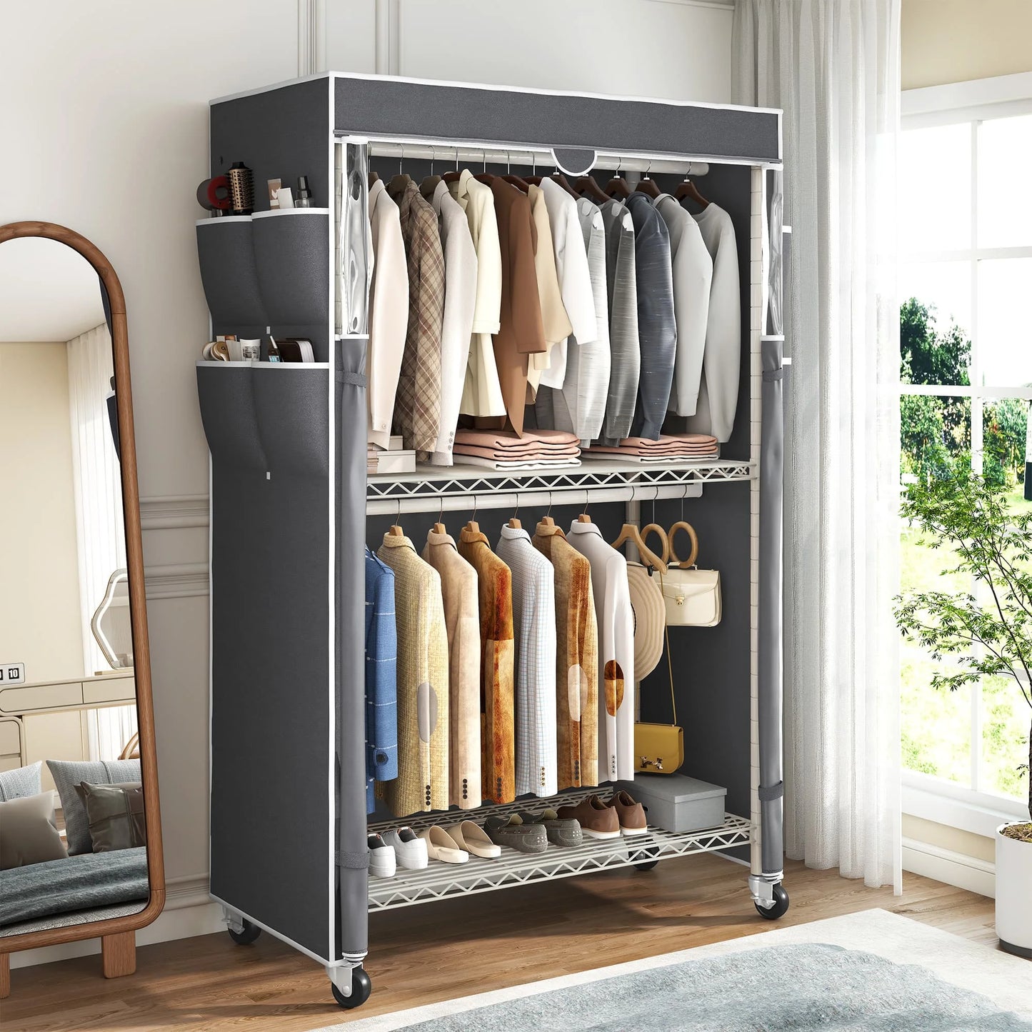 EnHomee 45"W Heavy Duty Garment Rack with Cover – Double Rod, Adjustable Shelves & Casters, 440 LBS – Portable Closet for Hanging Clothes